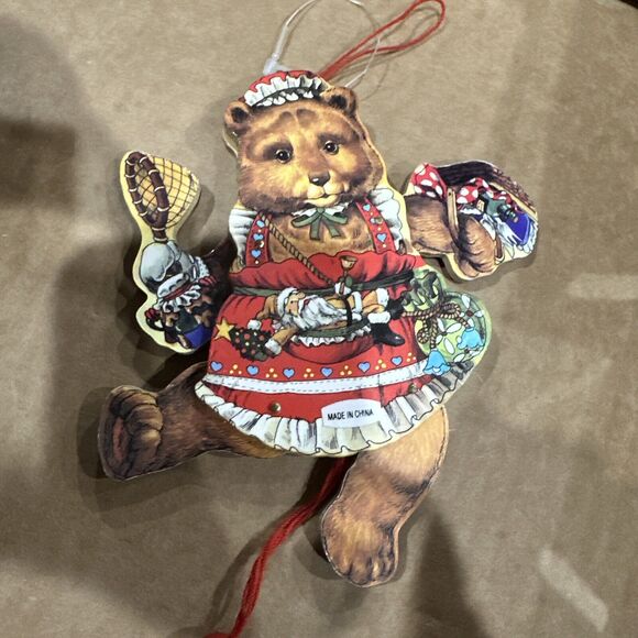 Vintage Christmas Ornament Wood Bear, Holiday Pull String Puppet with Motion - Picture 4 of 4